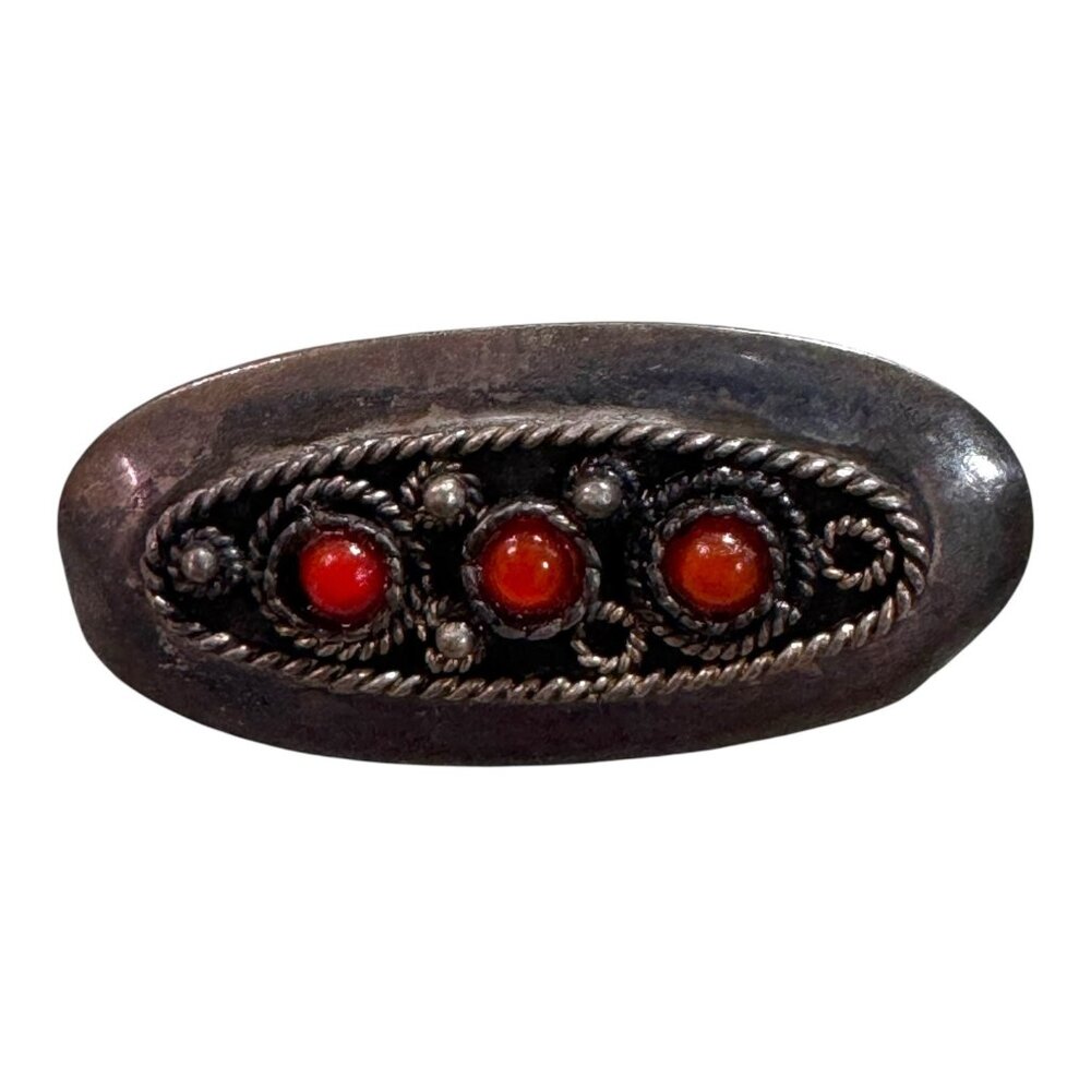 Vintage Silver Brooch Pin Ornate Red Coral Cabochons & Filigree Detailing READ